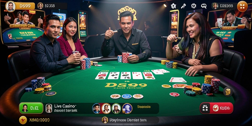 Screenshot DS99 menunjukkan dealer langsung dan permainan yang seru.