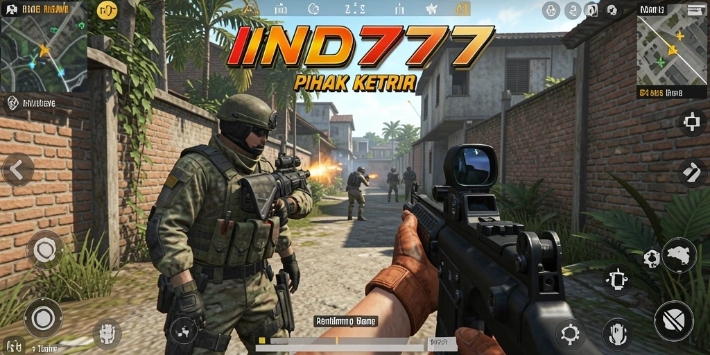 Screenshot IND777 menampilkan aksi menembak yang intens di medan perang.