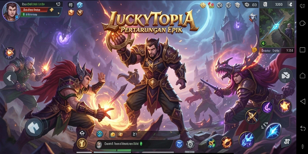 Screenshot utama dari gameplay Fighting LUCKYTOPIA yang menampilkan aksi pertarungan seru.