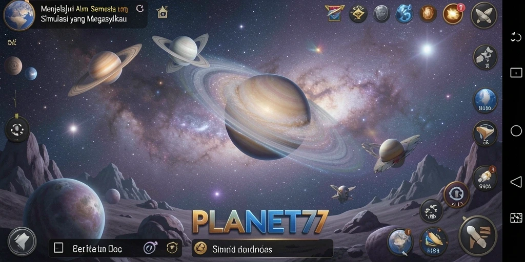 Screenshot utama <strong>PLANET77</strong> menampilkan aksi eksplorasi planet yang mendebarkan.