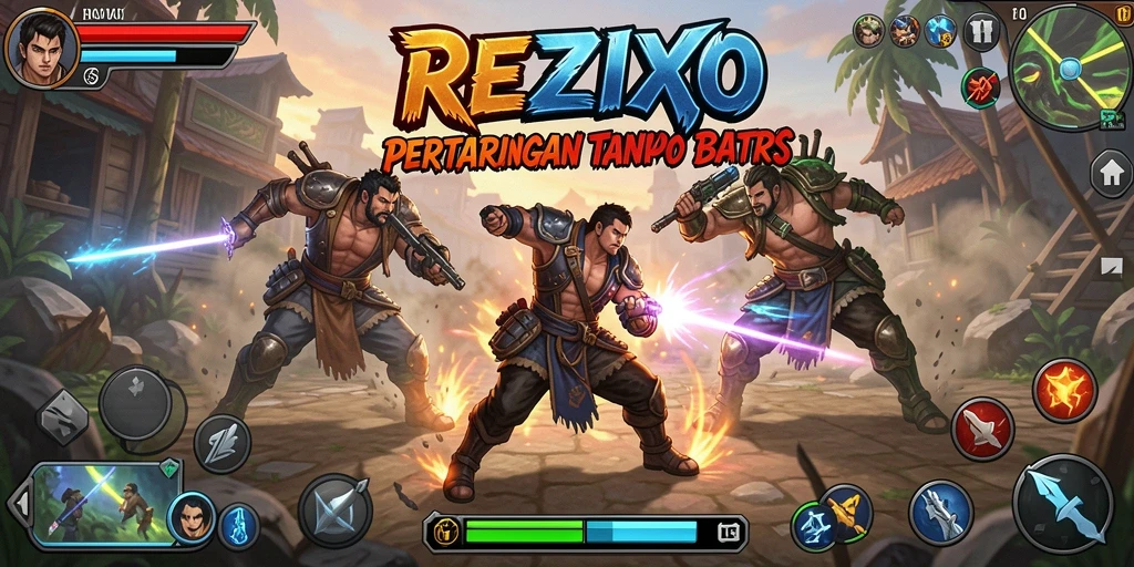 Tampilan gameplay REZIXO saat pertarungan berlangsung dengan grafis memukau.