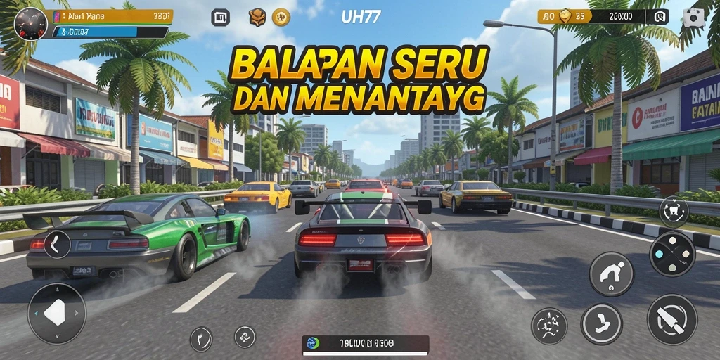 Screenshot gameplay UH77 menampilkan mobil balap melaju kencang di trek menantang.