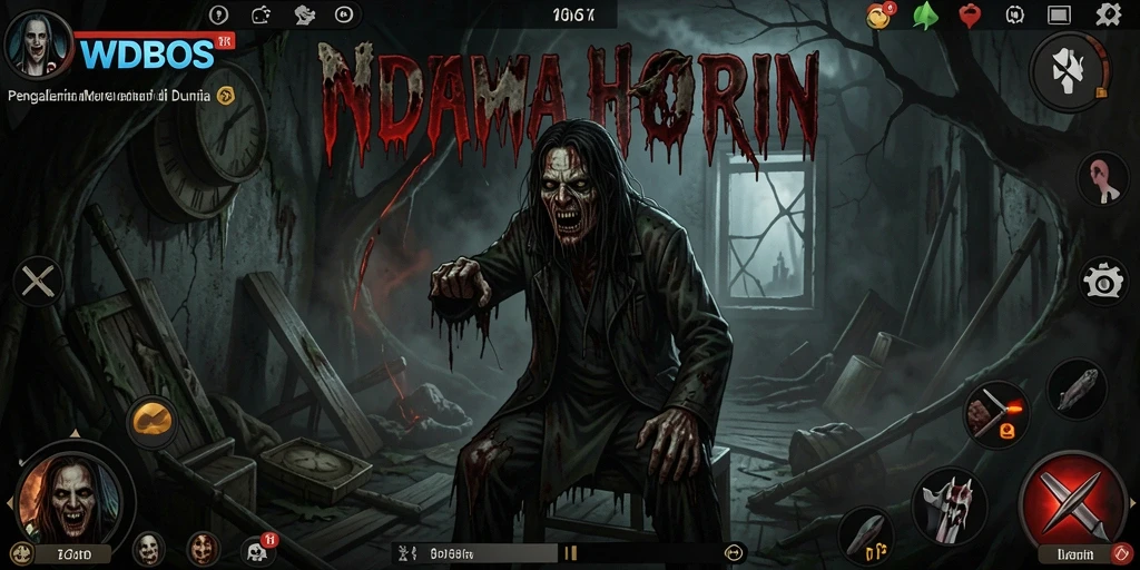 Screenshot gameplay WDBOS dengan suasana mencekam dan karakter horor.
